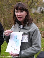 Kristen Travers explains a White Clay Creek watershed map with Macroinvertebrate Aggregated Index for Streams scores for each stream reach. 