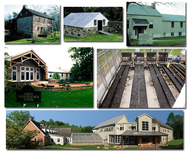 History of the Stroud Center’s campus. Top row, L to R: log cabin circa 1720; Joan and Dick Stroud’s garage, where the Stroud Center began; main building circa 1968. Middle row: main building entrance, 1996; the Streamhouse, dedicated in 1999. Bottom row: Moorhead Environmental Complex, dedicated in 2012.