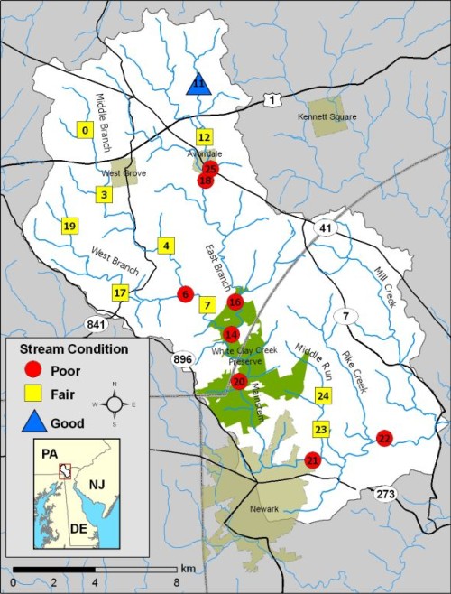 Map of sites sampled in the White Clay Creek watershed from 1991-2008.
