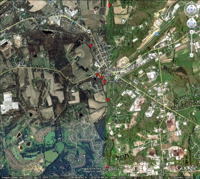 Aerial map view of White Clay Creek Stream Watch Project sampling sites in Avondale, Pennsylvania.