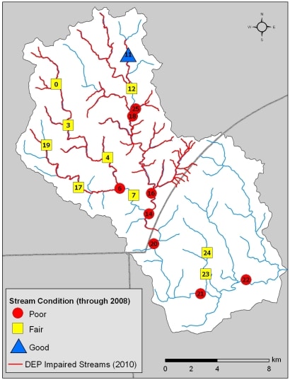 Map of stream reaches designated as impaired (in red) by the PA DEP.