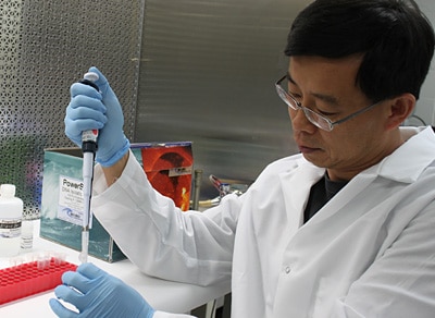 Jinjun Kan working in the microbiology laboratory.