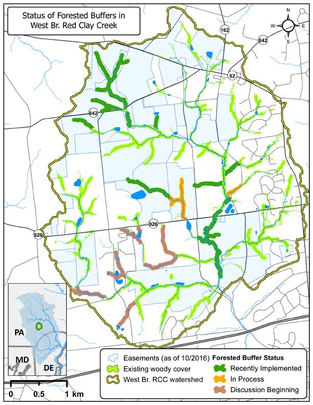 Map showing the status of forested buffers along the west branch of Red Clay Creek in 2021.