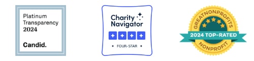 Candid Platinum Transparency, Charity Navigator Four-Star, and GreatNonprofits Top-Rated Nonprofit badges.