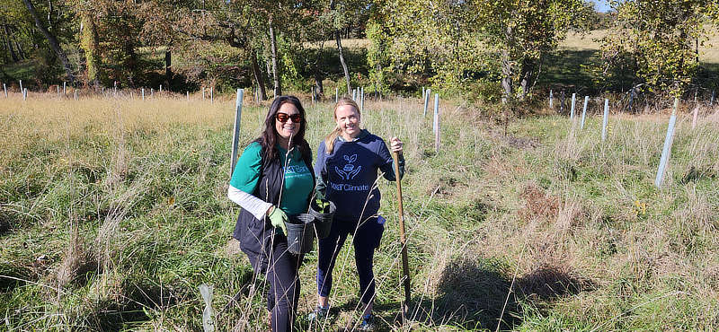 Two women from M&T Bank volunteering at a streamside forest planting event.