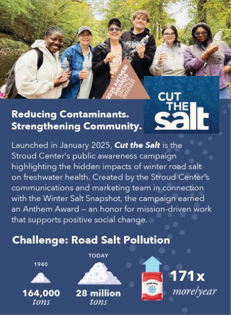 Graphic describing the Stroud Center's Cut the Salt public awareness campaign highlighting the hidden impacts of winter road salt on freshwater health.