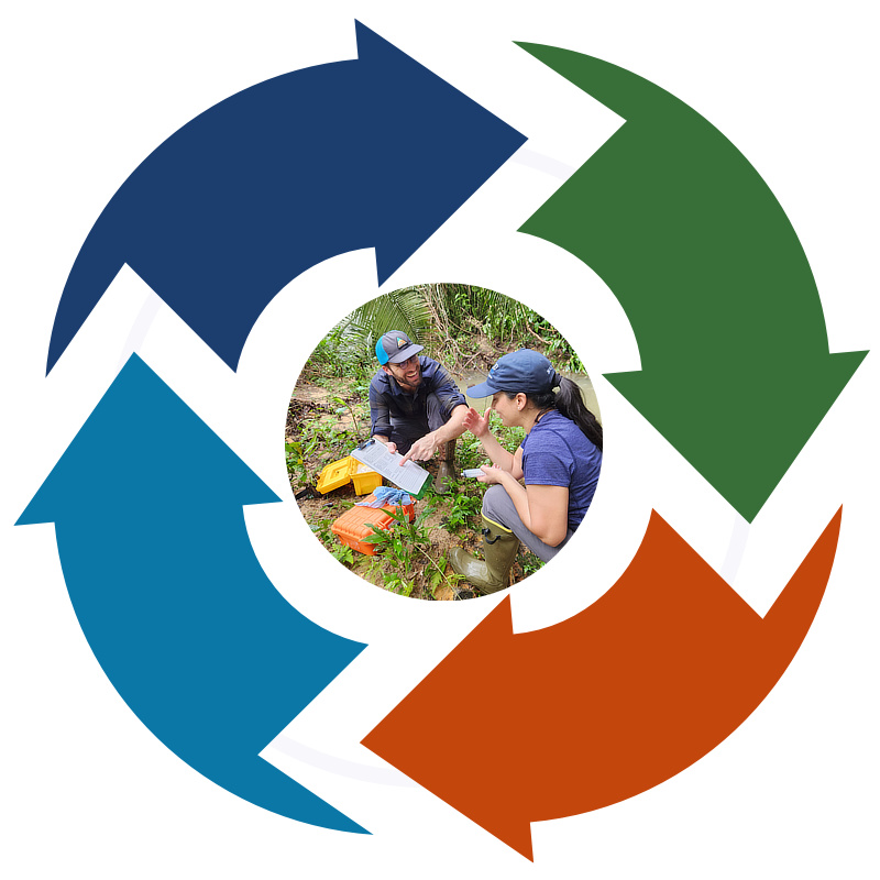 Research, watershed restoration, and monitoring feedback loop.