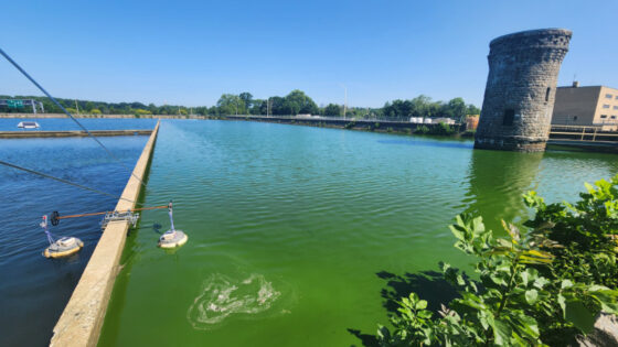 Floating monitoring stations installed at the inlet and outlet of a drinking water reservoir in Wilmington, Delaware.