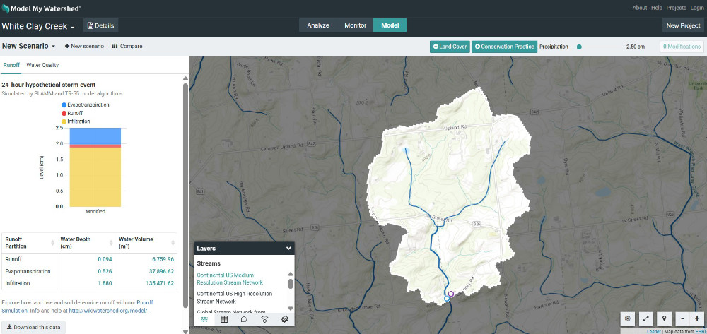 A Model My Watershed screenshot with the east branch of White Clay Creek delineated.