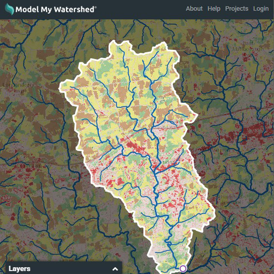 Screen capture from Model My Watershed of a delineated watershed.