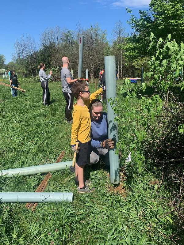 A mother and son plant a tree at Overlook Park.