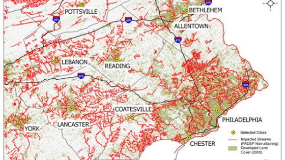 A map of southeastern Pennsylvania showing impacted streams and developed land use.