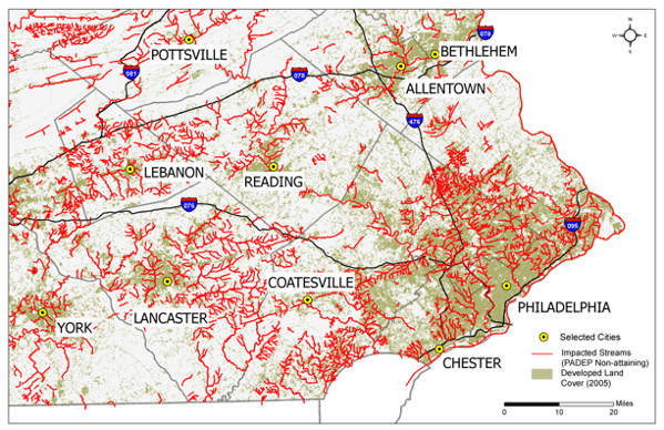 A map of southeastern Pennsylvania showing impacted streams and developed land use.