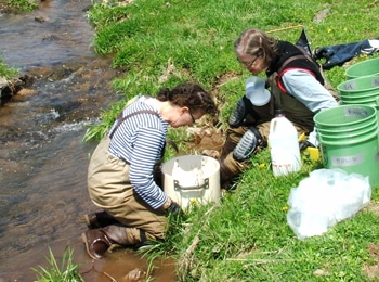 Roberta Weber and Sally Peirson sampling a Lancaster County stream
