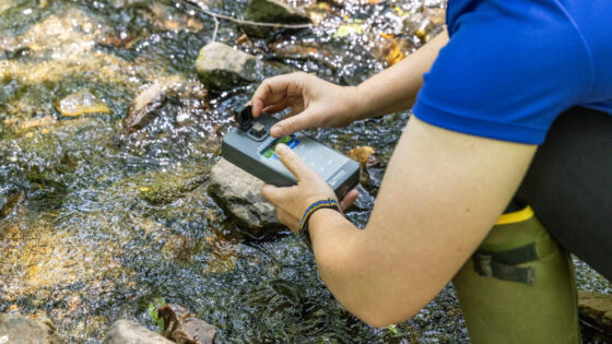 A scientist measures chlorophyll in a stream using a field fluorometer.