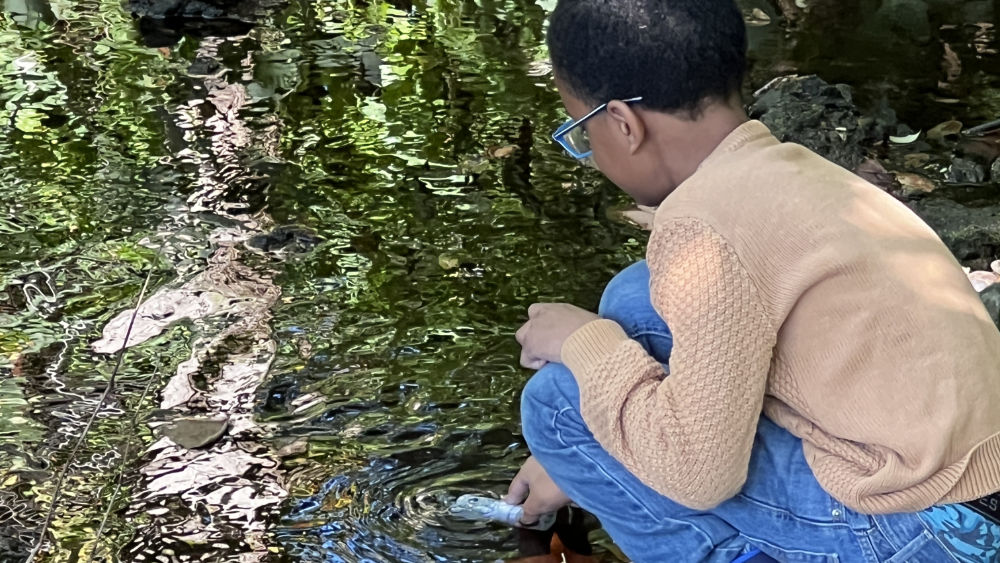 A student collects stream sample for Fall Salt Snapshot 2025.