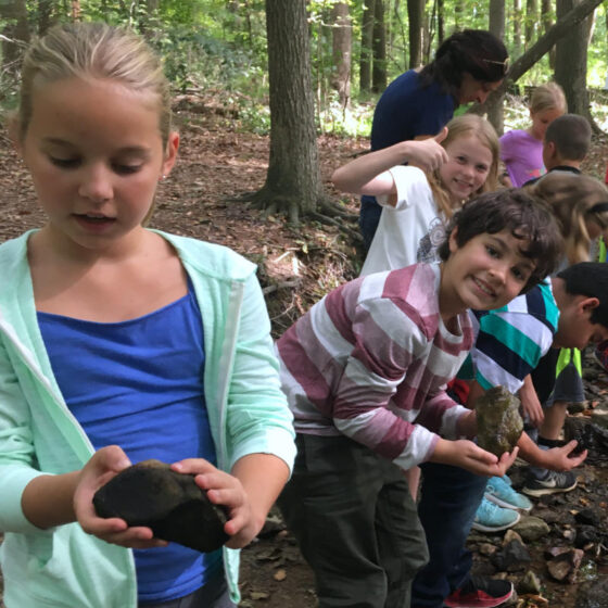 Students examining rocks in a small stream.