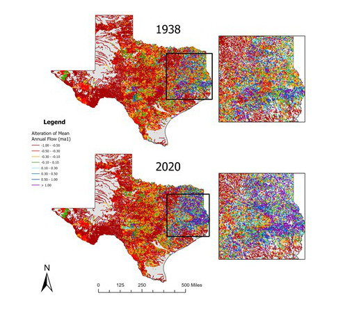 Graphic showing reconstructed hydrologic data in Texas from 1938 and 2020.