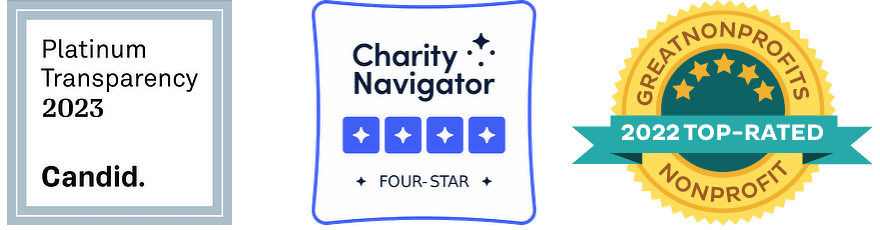 Candid Platinum Transparancy badge, Charity Navigator Four-Star badge, GreatNonprofits Top-Rated Nonprofit badge.