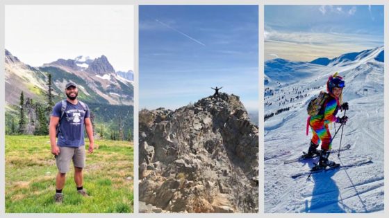 Lee Clark backpacking, Tracey Nguyen on a mountaintop, and Krysti Vo on a ski slope.