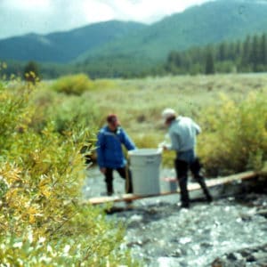 Scientist performing research on the Salmon River in Idaho in the 1970s.