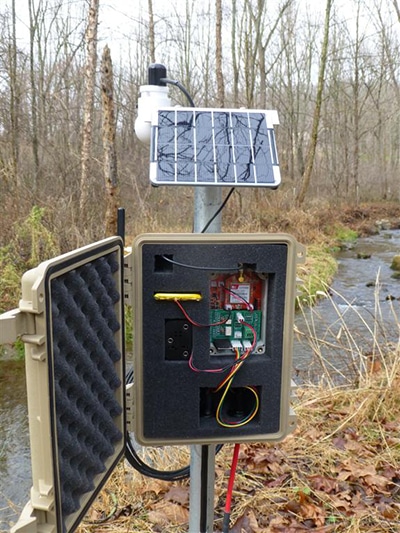 An EnviroDIY Monitoring Station on the banks of White Clay Creek in Pennsylvania.