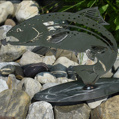Leaping trout steel sculpture.