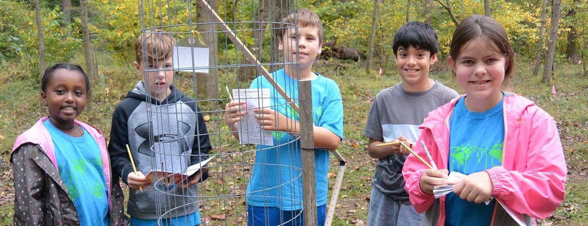 Fourth graders taking tree measurements