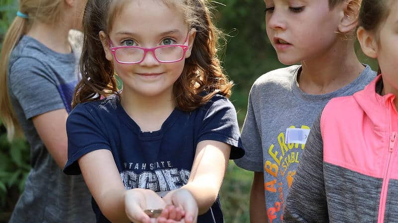 A girl with pink eyeglasses holds a small fish in her cupped hands.