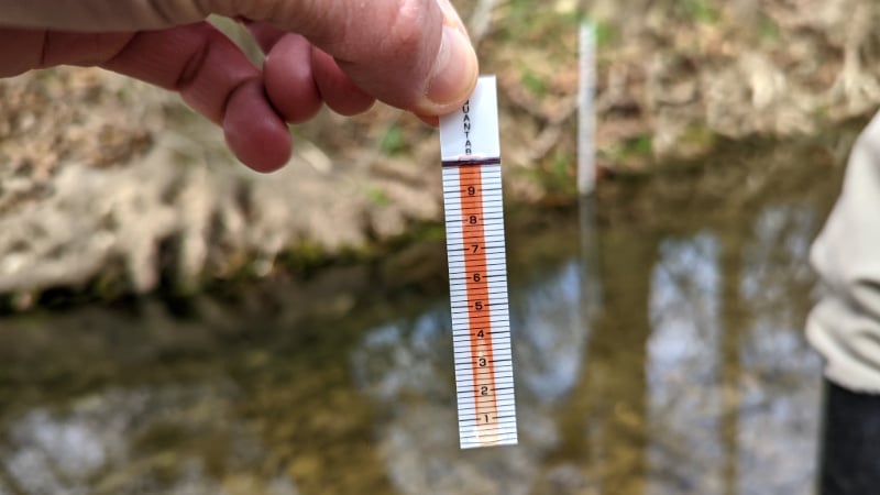 A hand holding a chloride test strip near a creek.