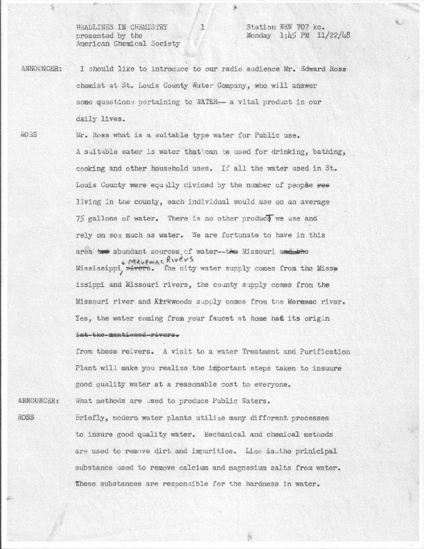 Page from the script of Headlines in Chemistry radio program in November 1948, interviewing Ed Ross.