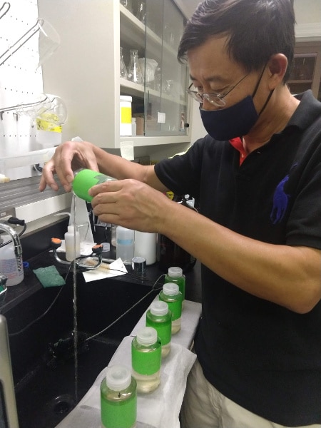 Jinjun Kan process water samples in the laboratory.