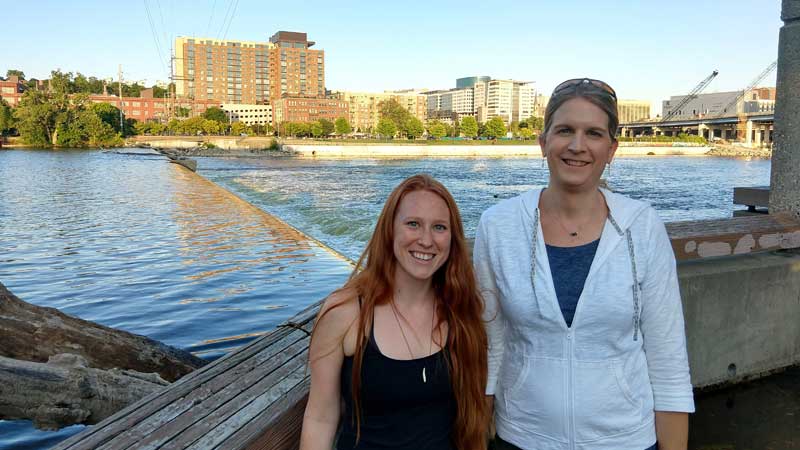 Rachel Johnson and Shannon Hicks on the Grand River in Grand Rapids, Michigan.
