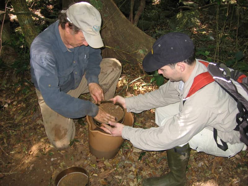 Two scientist working with a soil sample in Costa Rica.