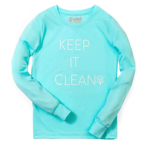 A sun protection t-shirt with long sleeves and the words Keep It Clean.