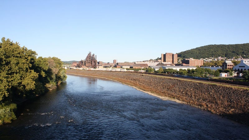 The Lehigh River in South Bethlehem with the SteelStacks in the background.