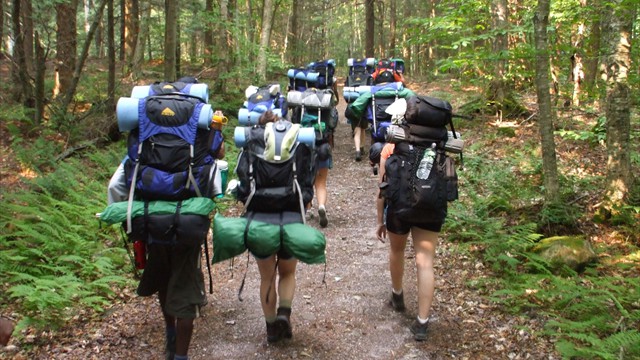 Trekkers hiking with backpacks and camp gear.