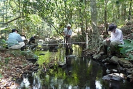 Stroud Center scientists take flow measurements on Río Sábalo.