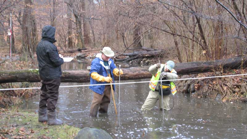 Photo of three people measuring a stream transect.