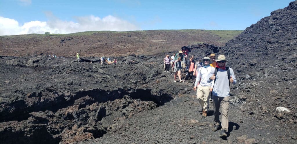 Hiking with students on an active volcano Sierra Negra, Galapagos Islands.