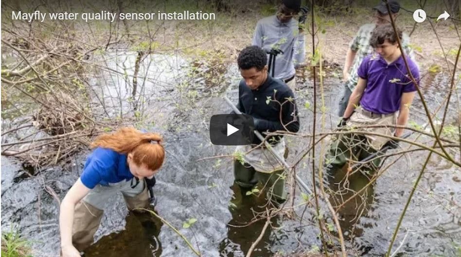 Video still of Milton Hershey School students deploying a water-quality-monitoring sensor.