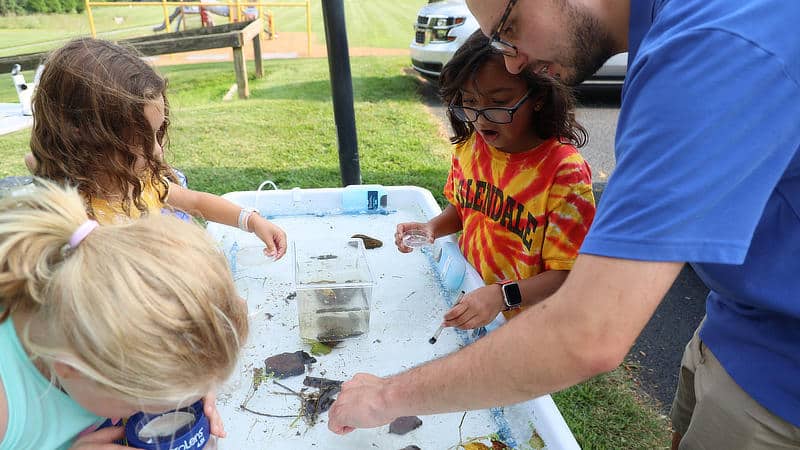 Steve Mohapp helps three children find aquatic macroinvertebrates in the touch table.