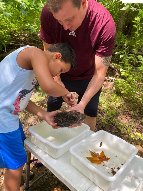 A child gently removes aquatic macroinvertebrates from a rock in order to study them.