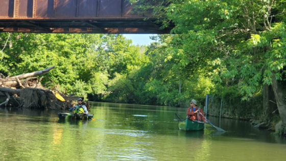 Two scientists paddle on the Brandywine Creek in Pennsylvania during an algae bloom.