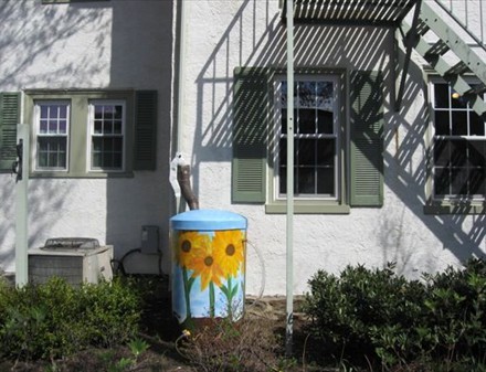 A painted sunflower rain barrel.