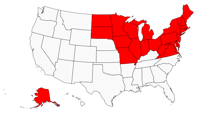 Map of the United States with Salt Belt states highlighted in red.
