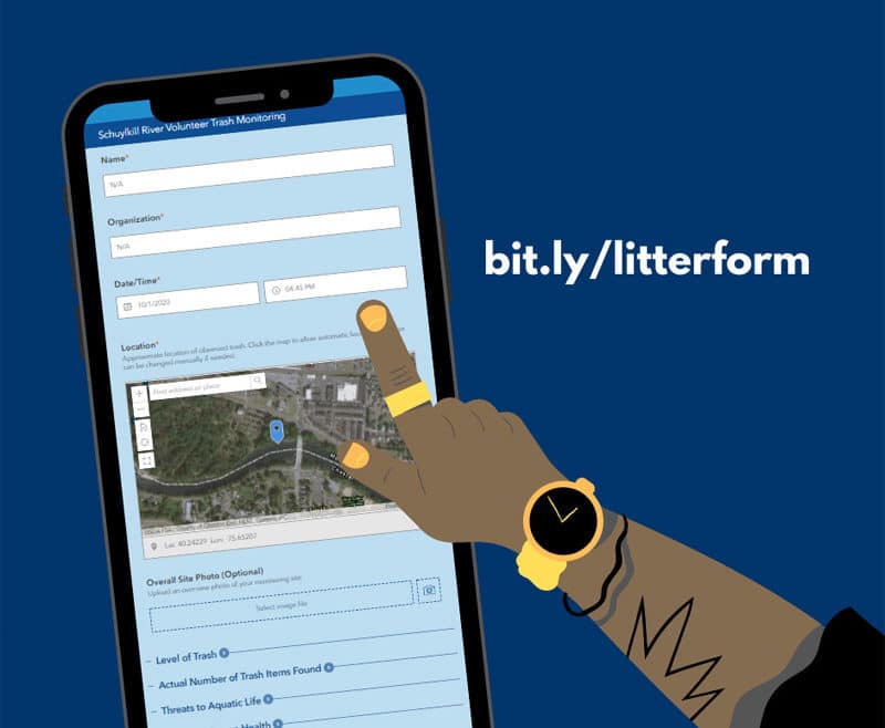 A graphic showing a person using a litter-reporting app.