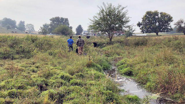 Photo of two men walking along a stream in a farm field, scouting a monitoring station location.
