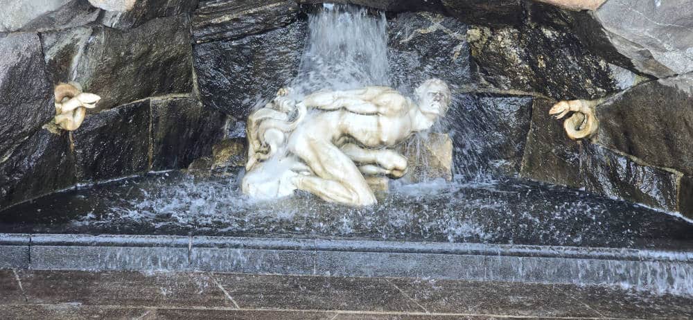 A marble sculpture in Stockholm depicting the punishment of the Norse god Loki.