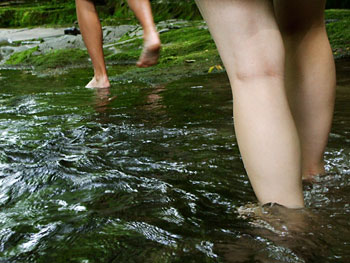 Teens walking barefoot in a stream.